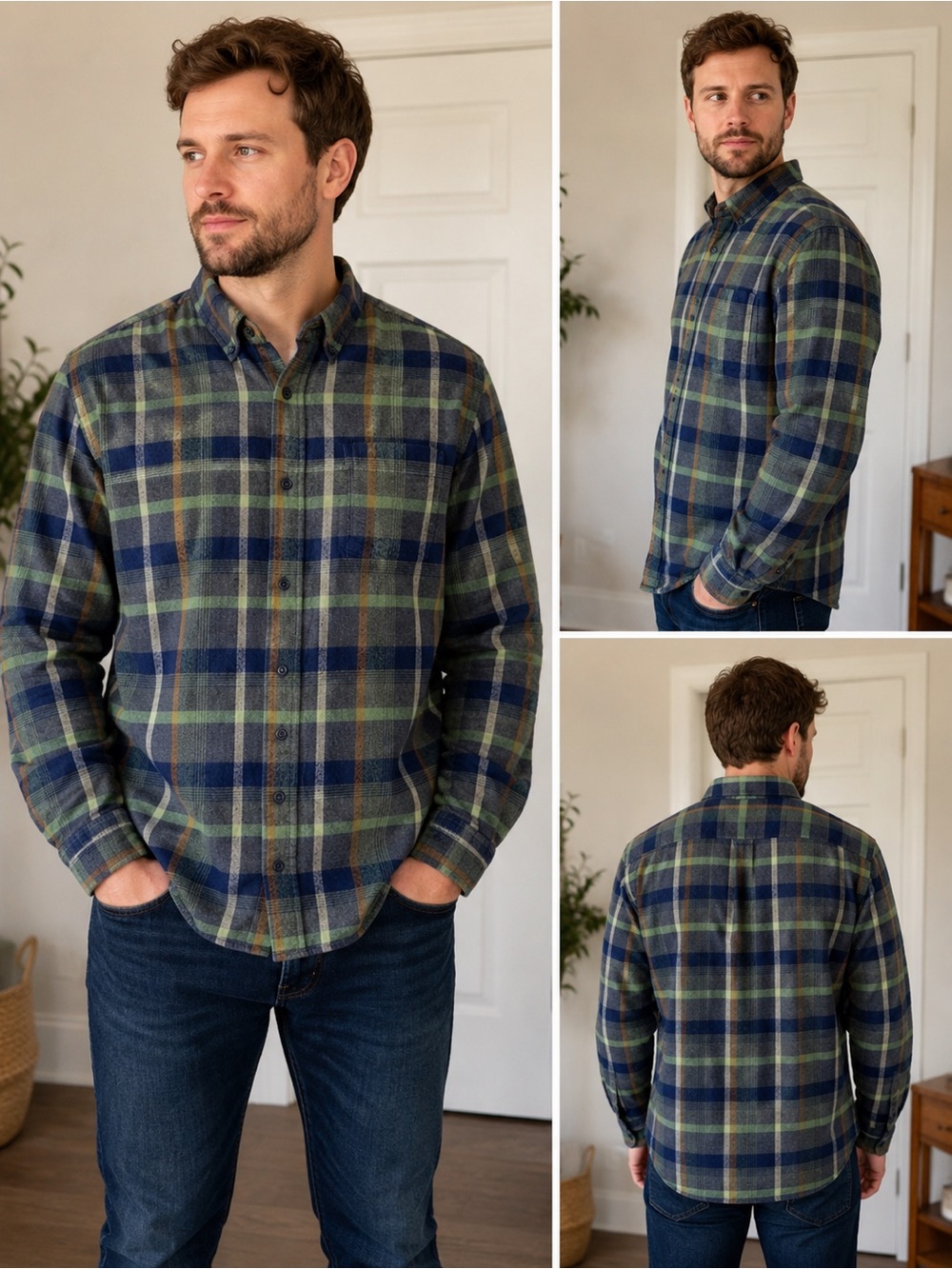 Weatherproof Vintage Mens L Flannel Shirt Green Blue Plaid Button Down Cotton